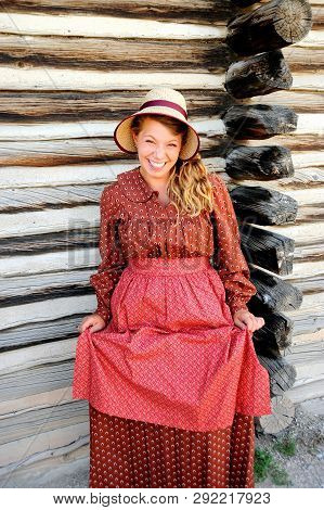 Casper, Wy. July 24, 2015. Circa: Pioneer Reenactor Woman Posing Outside On Pioneer Day In Casper, W