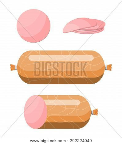 Sausage, Cut Sausage Slices With Fat. Boiled Sausage Meat Product. Vector Illustration In Flat Style