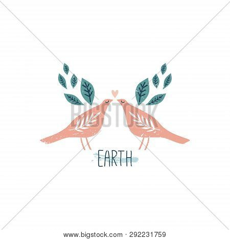 Earth Day Poster With Birds, Banner Element. Spring Time, Text Card