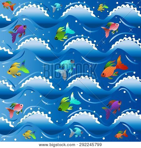 The Blue Sea With Lambs Of White Foam On Waves And Little Multi-colored Small Fishes. Vector Illustr