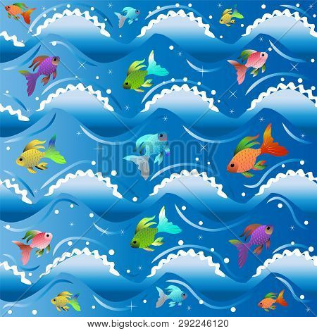 The Blue Sea With Lambs Of White Foam On Waves And Little Multi-colored Small Fishes. Vector Illustr