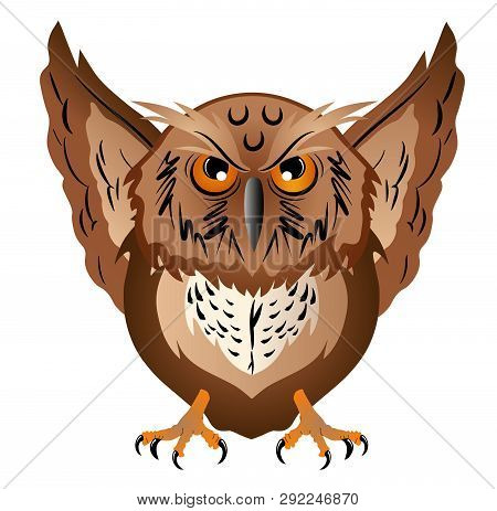 Wise Owl With The Big Head, A Sharp Beak And Predatory Claws. Vector Illustration.