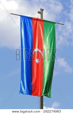 Silk Flag Of Azebaijan Tricolour With Crescant Sky