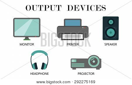 Output Devices Icon Set. Monitor,printer,speaker,headphone And Projector Drawing By Illustration