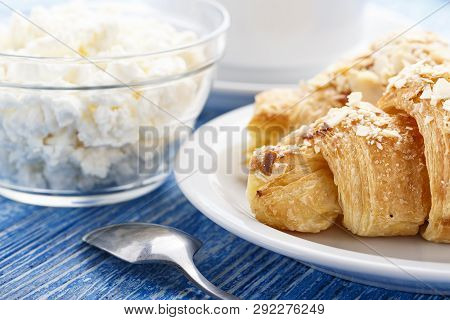 Fresh French Croissant And Kofes Curd. Traditional Carbohydrate Breakfast