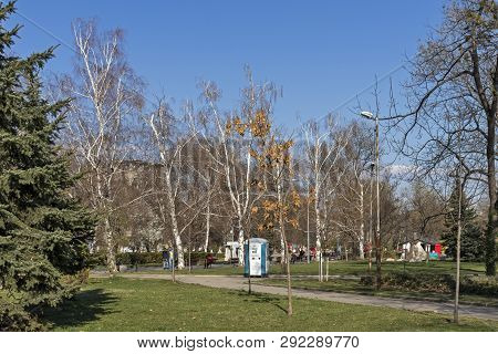 Sofia, Bulgaria - March 27, 2019: Spring Landscape With Trees And Gardens At Park Zaimov In City Of 