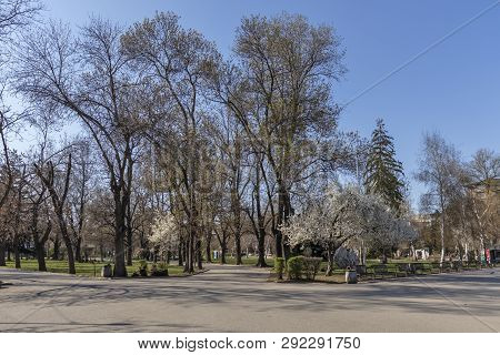 Sofia, Bulgaria - March 27, 2019: Spring Landscape With Trees And Gardens At Park Zaimov In City Of 