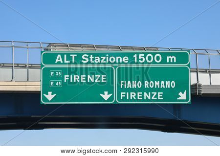 Big Road Sign In The Motorway With Italian Text That Means Stop Pay Station At 1500 Meters And Many 