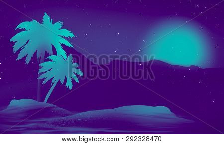 Space Futuristic Landscape. Neon Palm Tree, Tropical Leaves.