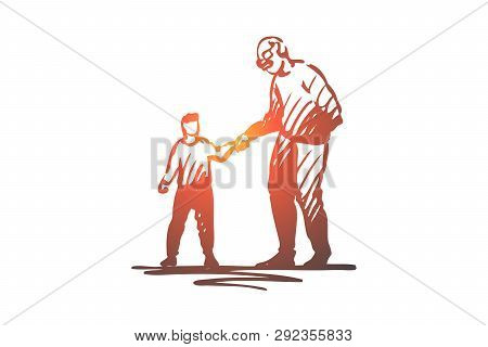 Kid, Good, Manners, Boy, Help, Grandfather Concept. Hand Drawn Boy Helps Grandfather Cross The Road 