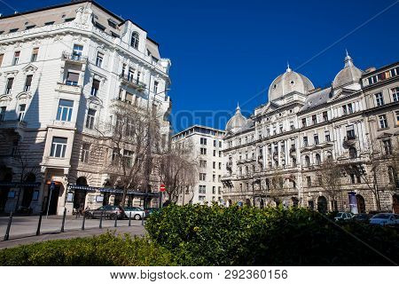 Budapest, Hungary - April, 2018: Beautiful Architecture Of The Buildings At Budapest City Center