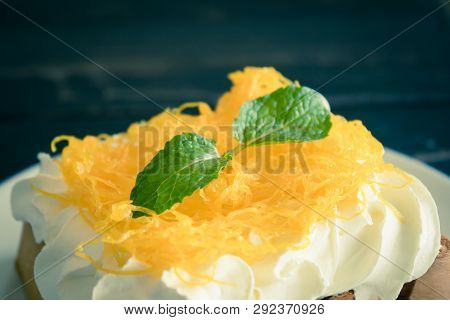 Golden Egg Yolk Threads Or Foi Thong Toast And Whipped Cream And Chocolate. Thai Dessert Golden Egg 