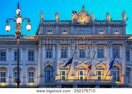 Trieste, Italy - August 4, 2015: Architectural Detail Of Facade At Lloyd Triestino Palace In Unity O