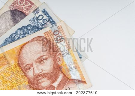 Croatian Kuna Or Sto Kuna Money Currency Closeup. Selective Focus And Crop Fragment