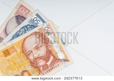 Croatian Kuna Or Sto Kuna Money Currency Closeup. Selective Focus And Crop Fragment