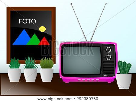 Realistic Minimal Composition, Pink Color Old Vintage Retro Portable Television And Hause Plants Cac