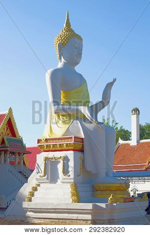 Sukhotai, Thailand - December 23, 2018: Sculpture Of A Seated Buddha In A Buddhist Temple Wat Ratcha