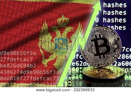 Montenegro Flag And Rising Green Arrow On Bitcoin Mining Screen And Two Physical Golden Bitcoins