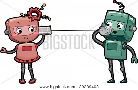 Illustration of a Pair of Robots Using Can Telephones to Talk