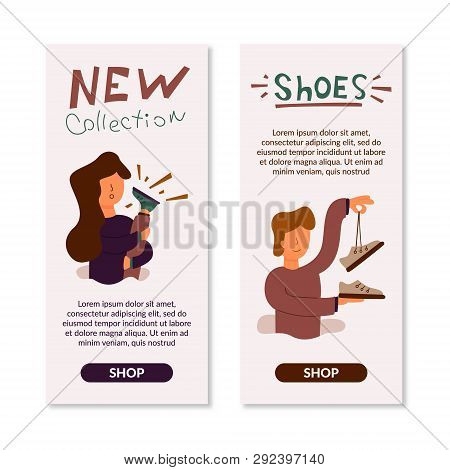 Vector Flat Banner Girl Rejoices New Beautiful Shoes. Shod Green Shoes On The Leg Of A New Collectio