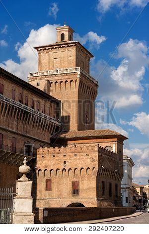 Estense Castle Or Castle Of San Michele (1385) With The Towers. Is A Moated Medieval Castle In The C