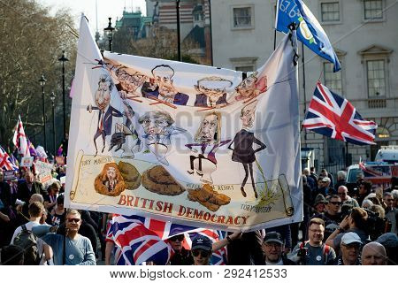 London, United Kingdom, March 29th 2019:- Pro Brexit Marchers Outside The British Parliament On The 