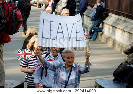 London, United Kingdom, March 29th 2019:- Pro Brexit Marchers Outside The British Parliament On The 
