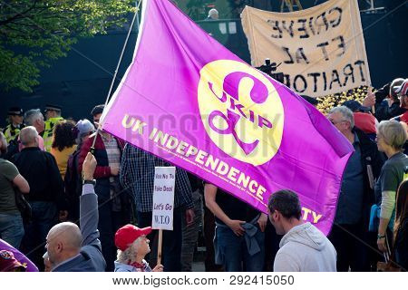 London, United Kingdom, March 29th 2019:- Pro Brexit Marchers Outside The British Parliament On The 