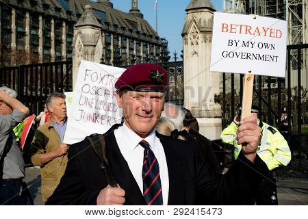 London, United Kingdom, March 29th 2019:- Pro Brexit Marchers Outside The British Parliament On The 