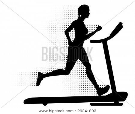 Healthy young woman running on a modern treadmill at great speed with halftone pattern motion trails. Silhouette.