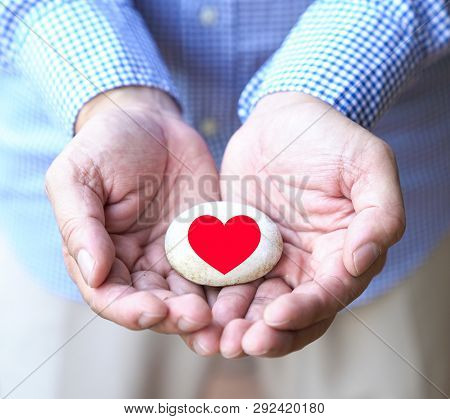 Love Or Protect The Heart Concept. Hands Cupping A Pebble Printed With Red Heart