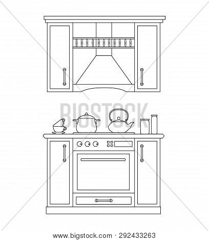 Vector Kitchen Interior Made By Stroke. Thin Lines. Vector.