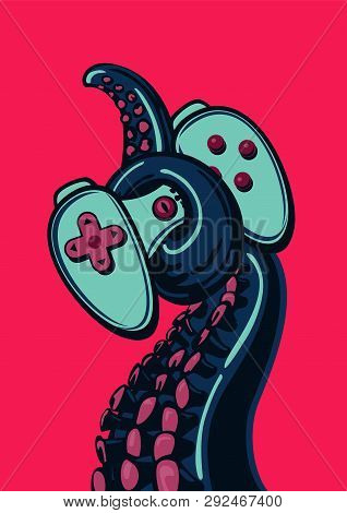 Game Pad With Octopus Tentacle. Vintage Poster Print For Video Games Fans. Vector Joystick Controlle