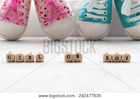 Pink And Blue Baby Booties On A Light Background. Inscription Girl Or Boy