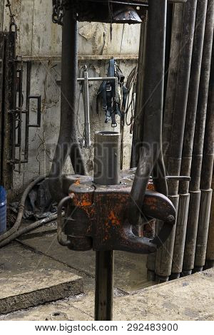 A View For Drill Pipe Connection. View Of Drilling Top Drive System On Board Jack Up Drilling Rig.