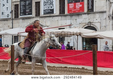 Italy, Brescia - October 01 2017: The View Of The Knight Reaching Aim At The Traditional Knight Tour