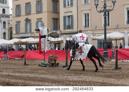 Italy, Brescia - October 01 2017: The View Of The Knight Reaching Aim At The Traditional Knight Tour