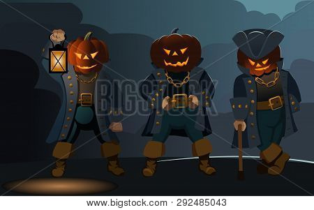 Character With A Pumpkin Head In A Pirate Costume, Halloween, Set