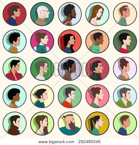 A Set Of Faces Of People In Profile, Of Different Races, Of Different Genders, Of Different Ages