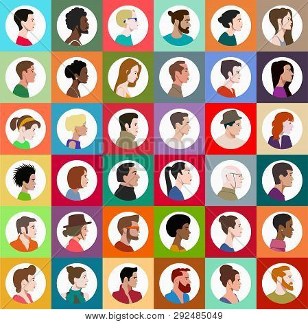 A Set Of Faces Of People In Profile, Of Different Races, Of Different Genders, Of Different Ages