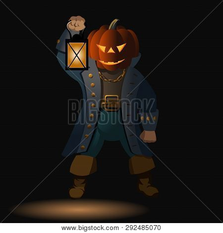 Character With A Head In The Form Of A Pumpkin With A Lantern In His Han