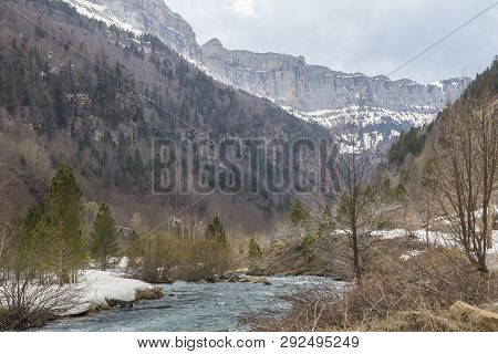 Arazas River In Ordesa Y Monte Perdido National Park With Snow, Aragón, Huesca, Spain.