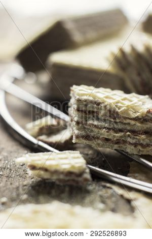 Sweet Russian Artek Waffles On Wooden Background, With A Pot Of Milk. Traditional Sweets And Dessert