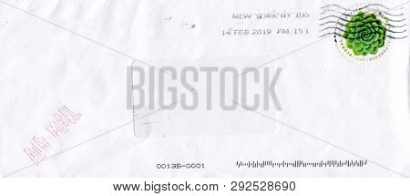 GOMEL, BELARUS - MARCH 25, 2019: Old envelope which was dispatched from USA to Gomel, Belarus, March 25, 2019.