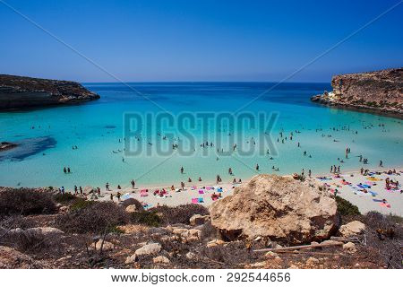 Lampedusa, Italy - August, 03: View Of The Most Famous Sea Place Of Lampedusa, It Is Named Spiaggia 