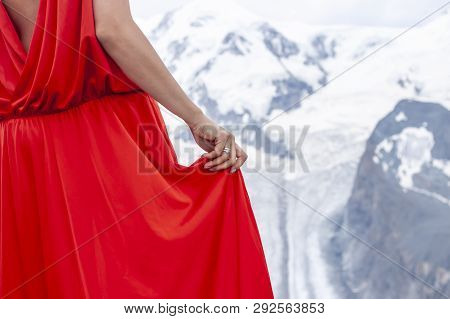 Beautiful Wooman Keeps Red Long Dress Ring With Gemstone