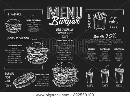Burger Menu Poster Design On The Chalkboard Elements. Fast Food Menu Skech Style. Can Be Used For La