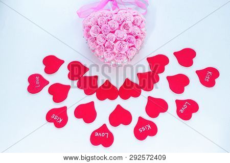 Symbol Of Love Red Paper Hearts With Labels And Pink Handmade Decoration For Wedding Celebration For