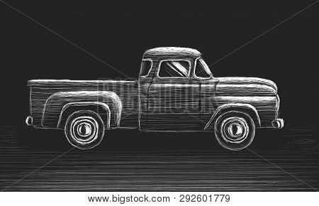 Old Retro Pickup Truck Vector Hand Drawn Skecth. Vintage Transport Vehicle