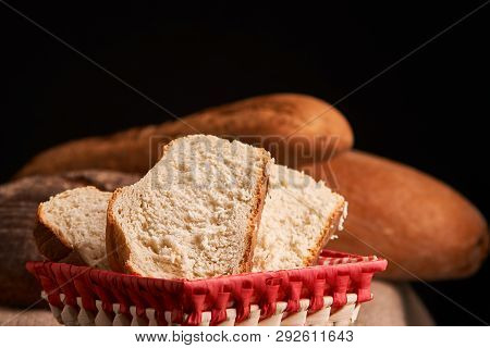Breads And Baguette Concept Of Teasty Home Food Close Up On Table